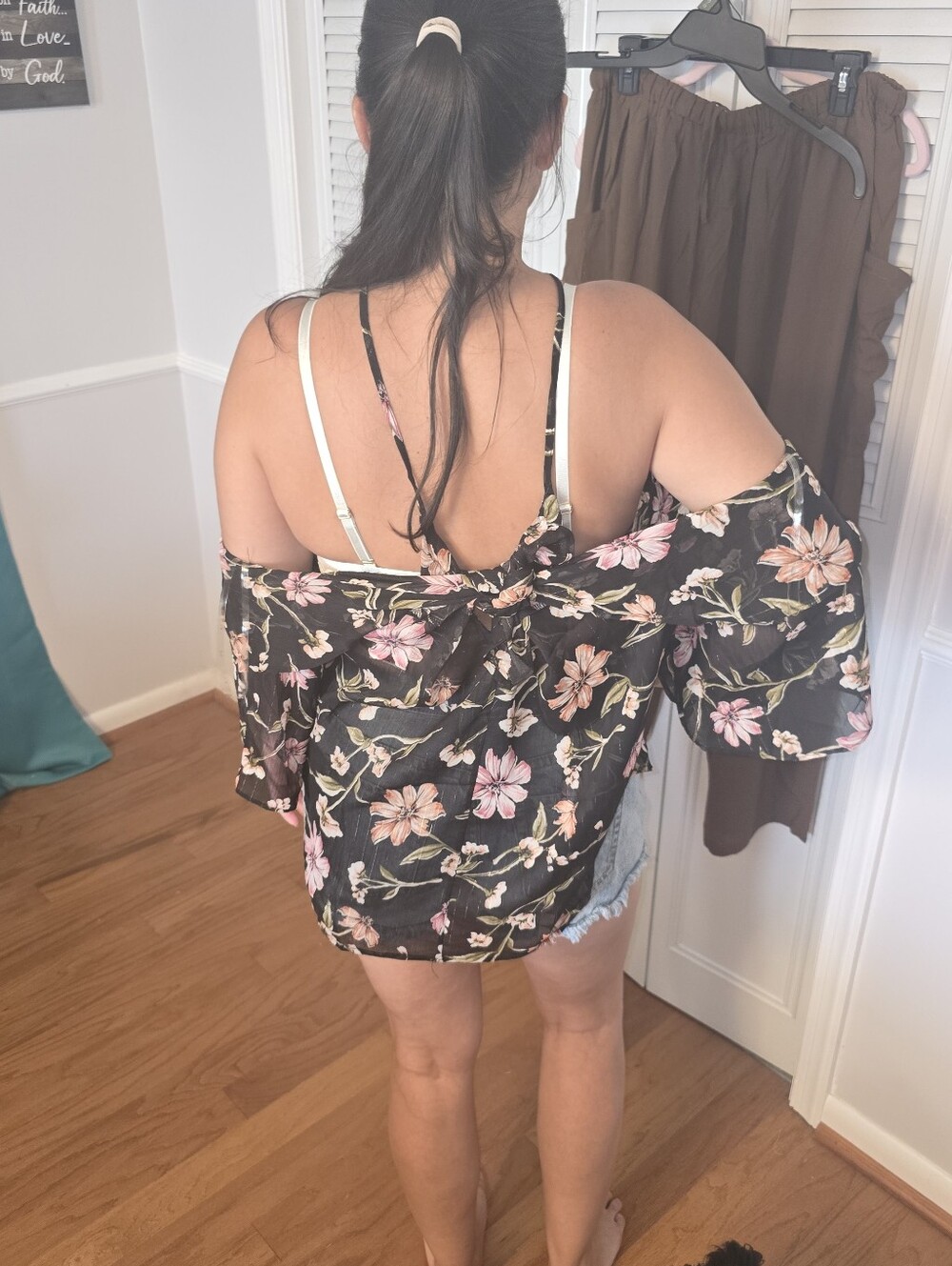 Floral Ruffle Cold-Shoulder Top - Black with Pink/Peach Flowers - Picture 2 of 6